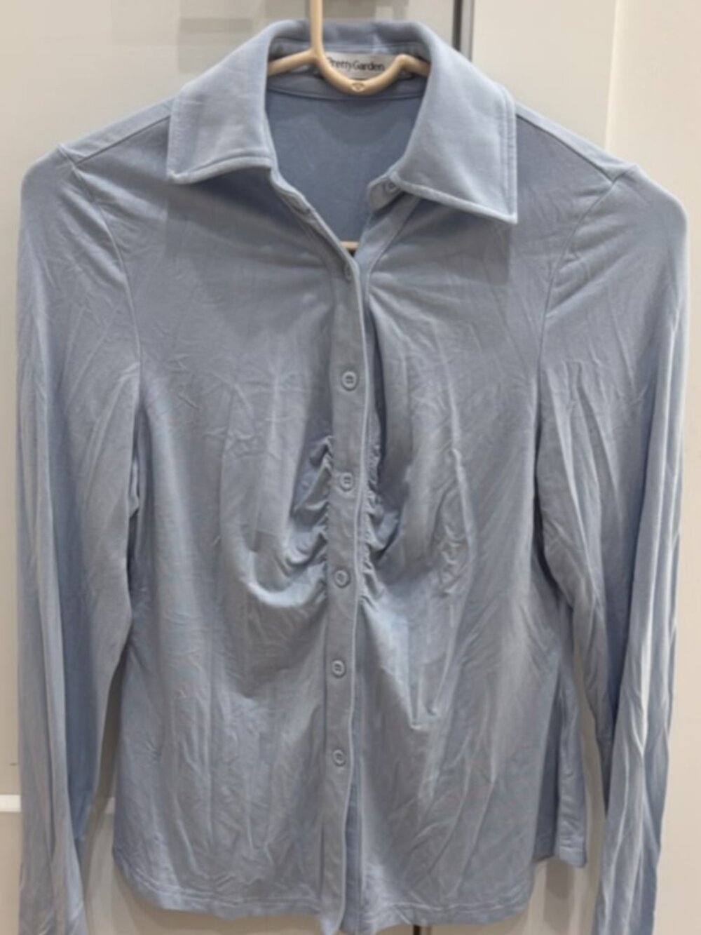 PrettyGarden Womens Light Blue Ruched Button Down Long Sleeve Top Size S